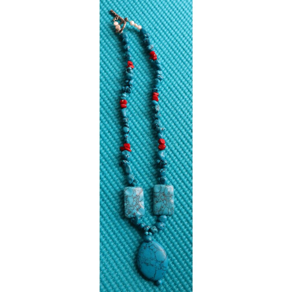 Vintage 90s Y2K Faux Turquoise Pebble Stone Pendant Teardrop Nugget Necklace - Picture 5 of 7